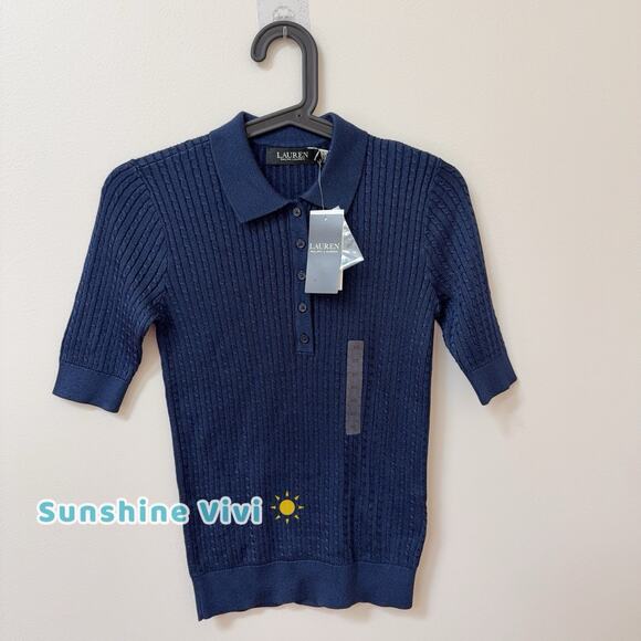 NWT Polo Ralph Lauren Cable-Knit Polo Sweater Refined Navy Woman XS - Picture 2 of 9